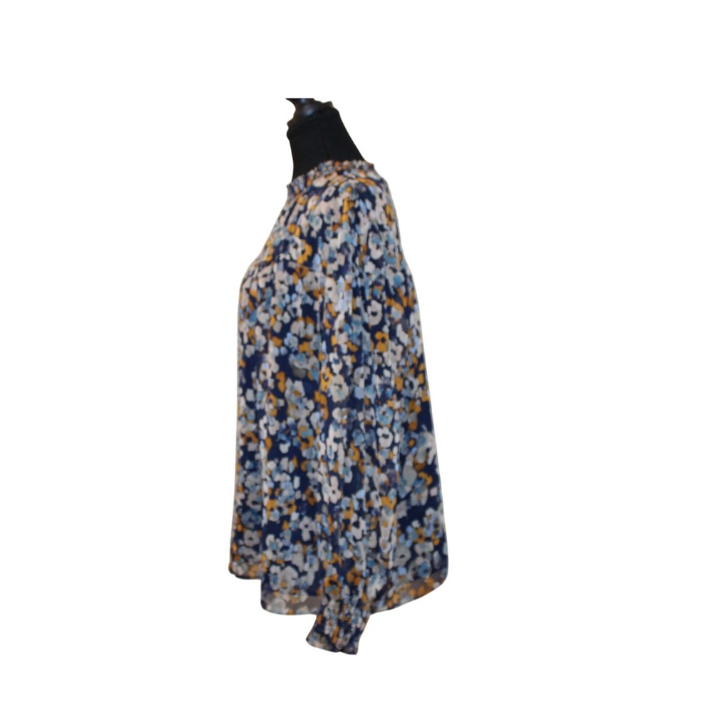 Zac & Rachel Blouse Womens XL Blue Floral Smocked Mock Neck Metallic Top Ex - Picture 2 of 3